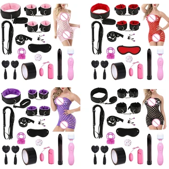1Set BDSM Restraint Fetish Collar Handcuff Bondage Whip Vibrator Nipple Mouth Gag Eye Mask Kit Adult Sex Toys for Women 4