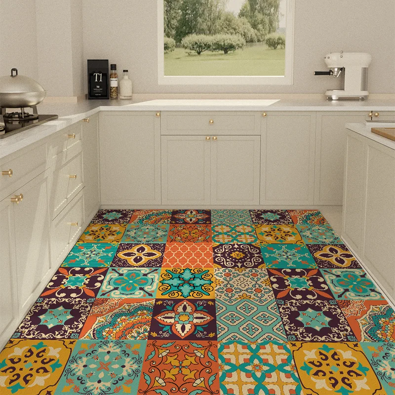American Retro Balcony Floor Mat Anti fouling and Oil proof Kitchen Carpet Pvc Leather Carpets