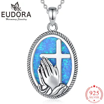 Eudora 925 Sterling Silver Praying Hand Necklace Blue Opal Cross Embossed Religious Pendant Men Women Jewelry Personality Gift 1