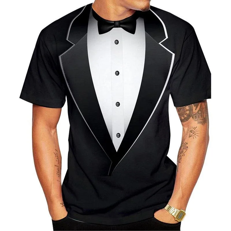Funny Fake Suit 3D T Shirt Tuxedo Bow Tie 3D Printed T Shirts Men Summer Fashion Short Sleeve Streetwear Fake Suit Tshirt I.988251752