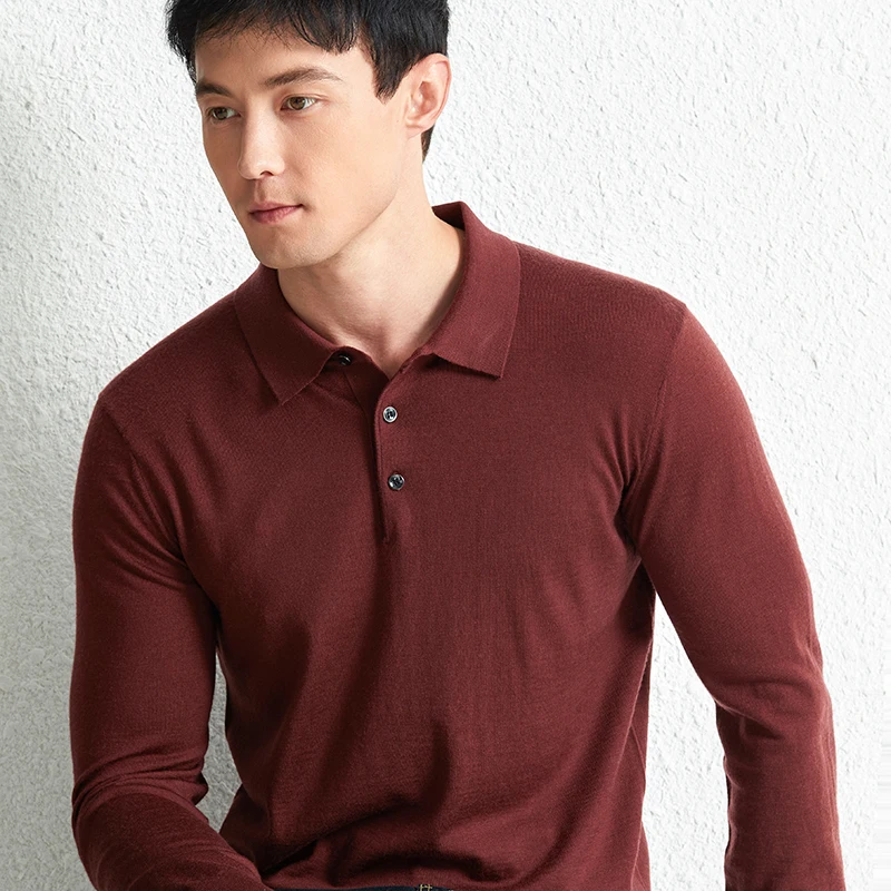 Top Grade 100% Worsted Wool Polo Shirt Men\'s Thin Merino Wool Knit Clothes Casual Turn Down Collar Knitwear Jumper Long Sleeved