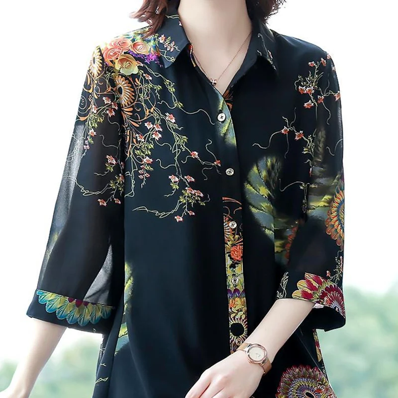 Summer New POLO Collar Fashion Three Quarter Shirt Women High Street Casual Loose Button Cardigan Printing Mid-length Blouse