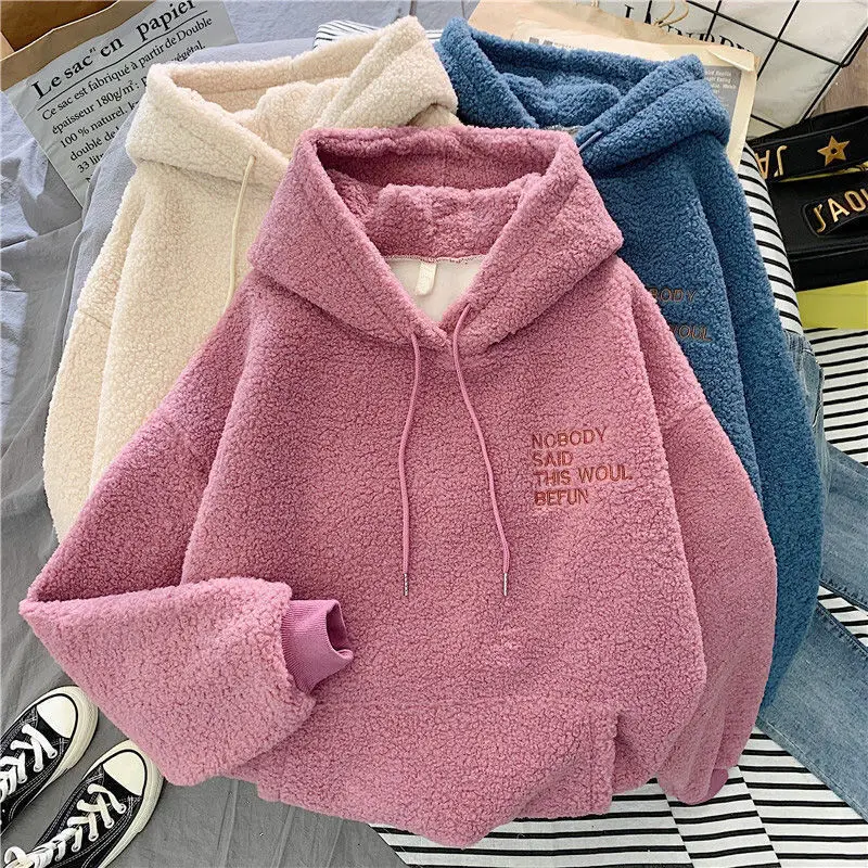 Women Autumn Winter Warm Fluffy Hoodie New Casual Hooded Pullovers Letters Lamb Wool Fleece Sweatshirt Loose Top Ropa De Mujer 6