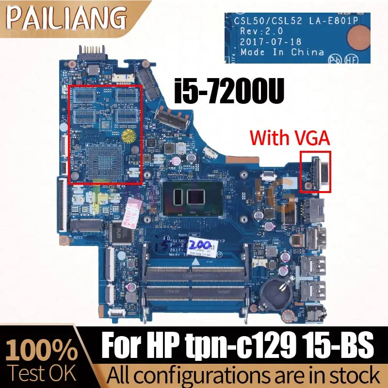 Placa-mãe Portátil para hp Pavilion Placa-mãe com Porta Vga Mainboard Tpn-c129 Csl50 Csl52 La-e801p 926247001 I57200u Ddr4 15-bs