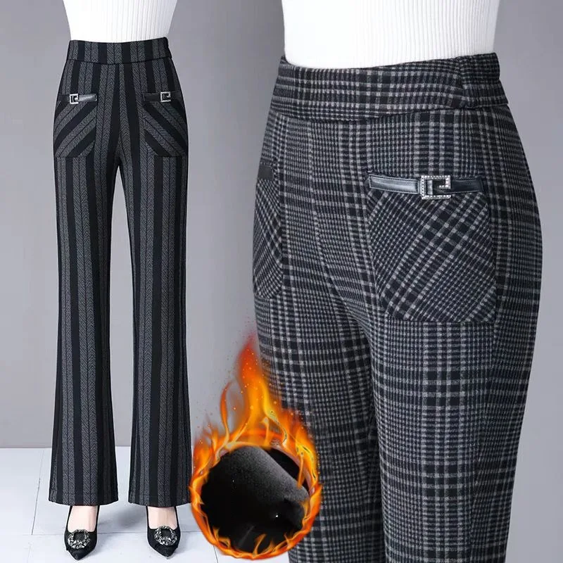 Spring and Autumn Women's Patchwork Pockets High Waist Elastic Fashion Loose Plaid Stripes Versatile Casual Micro Flap Pants