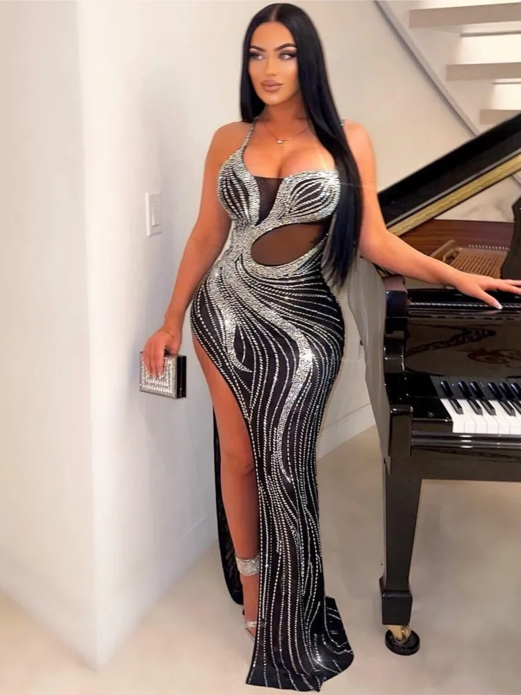 

RDMQ 2023 Gorgeous Crystal Gown For Womens Glam Sleeveless High Slit Rhinestone Maxi Dress Birthday Outfits Sexy Clubwear
