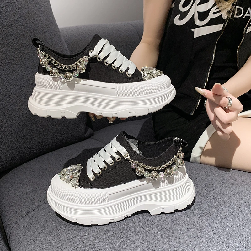 

Fashion Luxury Women Vulcanized Sneakers Crystals Lace-up Platform Rhinestone Bling Beaded Thick Sole Boat Shoes Sports Walking