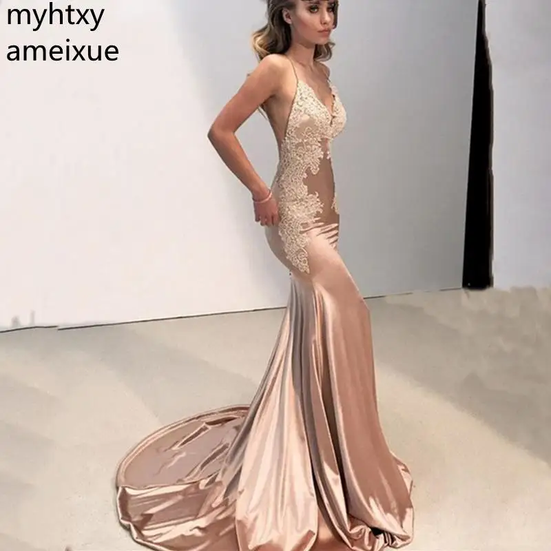 

Sexy Lace Mermaid Prom Dresses 2023 Long Evening Gown Spaghetti Straps Backless Sweep Train Shiny Satin Party Dress For Women