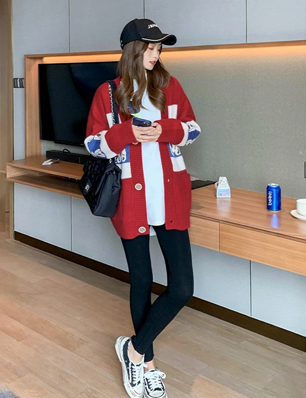 한국 스타일 플러스 사이즈 패션 프린트 긴 소매 임신 의류, 버튼 플라이 임신 니트 재킷
