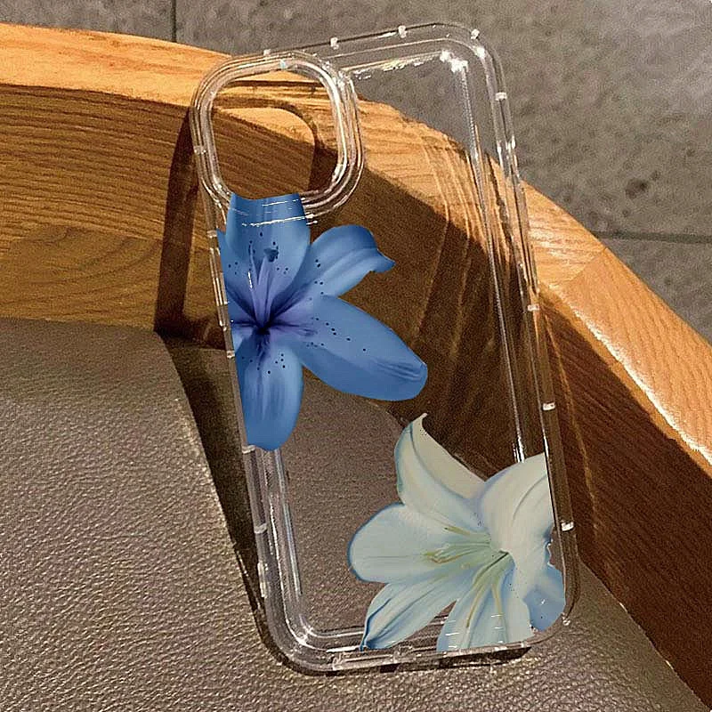 Elegant Blue Lily Pattern TPU Phone Case For iPhone 16 14 17 Pro