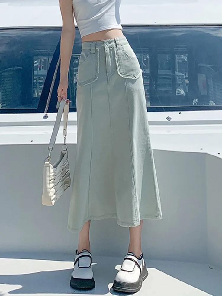 GUUZYUVIZ Denim Skirts Womens Summer Casual High Waisted Pocket Midi Skirt Ladies Korean Fashion Mermaid Skirt Female