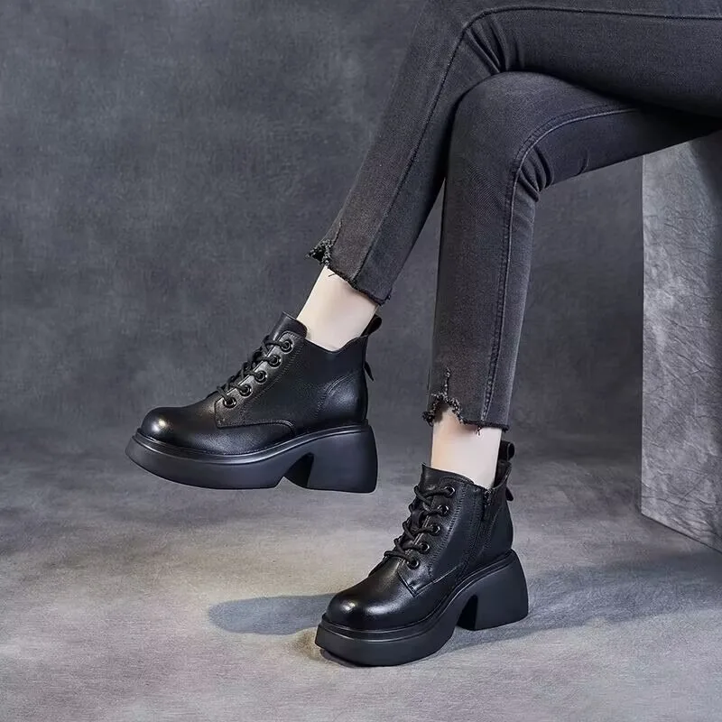 PU Leather ankle boots for women 2023 autumn/winter new shoes thick sole low top women platform shoes soft sole women's boots