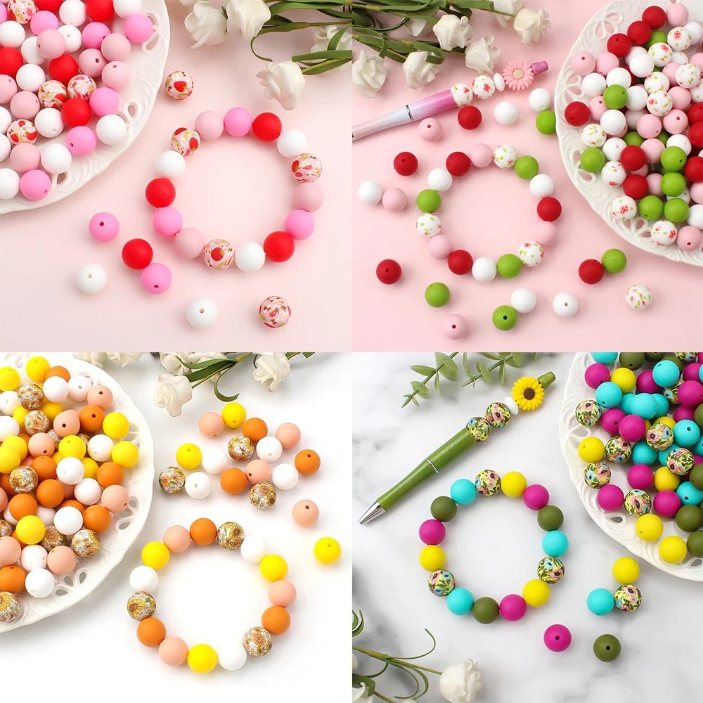 30/20/10Pcs 15mm 라운드 실리콘 비즈 인쇄 및 솔리드 컬러 비즈 쥬얼리에 대 한 진주 DIY 펜 페르시 키 체인 액세서리 만들기