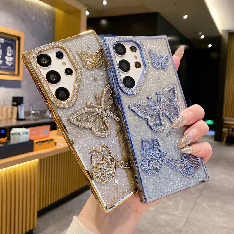 Glitter Butterfly Phone Cases Samsung Galaxy S25 S24 Ultra S23 Rhinestone Back Cover