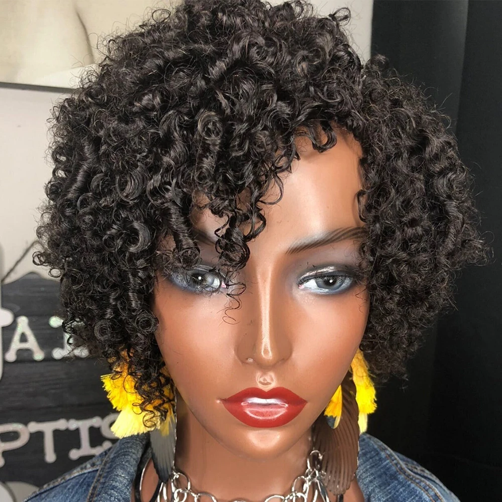 

Short Pixie Bob Cut Human Hair Wigs With Bangs Afro Kinky Curly Wig 180Density Scalp Top Full Machine Made Wig For balck Women