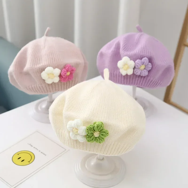 Knit Hat Flower Baby Beret Winter Warm Knitted Beanie for Infant Girls Korean Toddler Princess Artist Solid Color Painter
