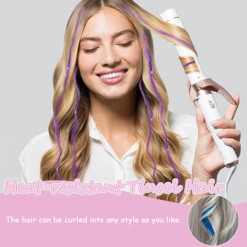 12Pcs Purple Clip in Tinsel Hair Extensions Hairpiece Colored Hair Tinsel Kit Party Highlights Hair Accessories for Women&Kids