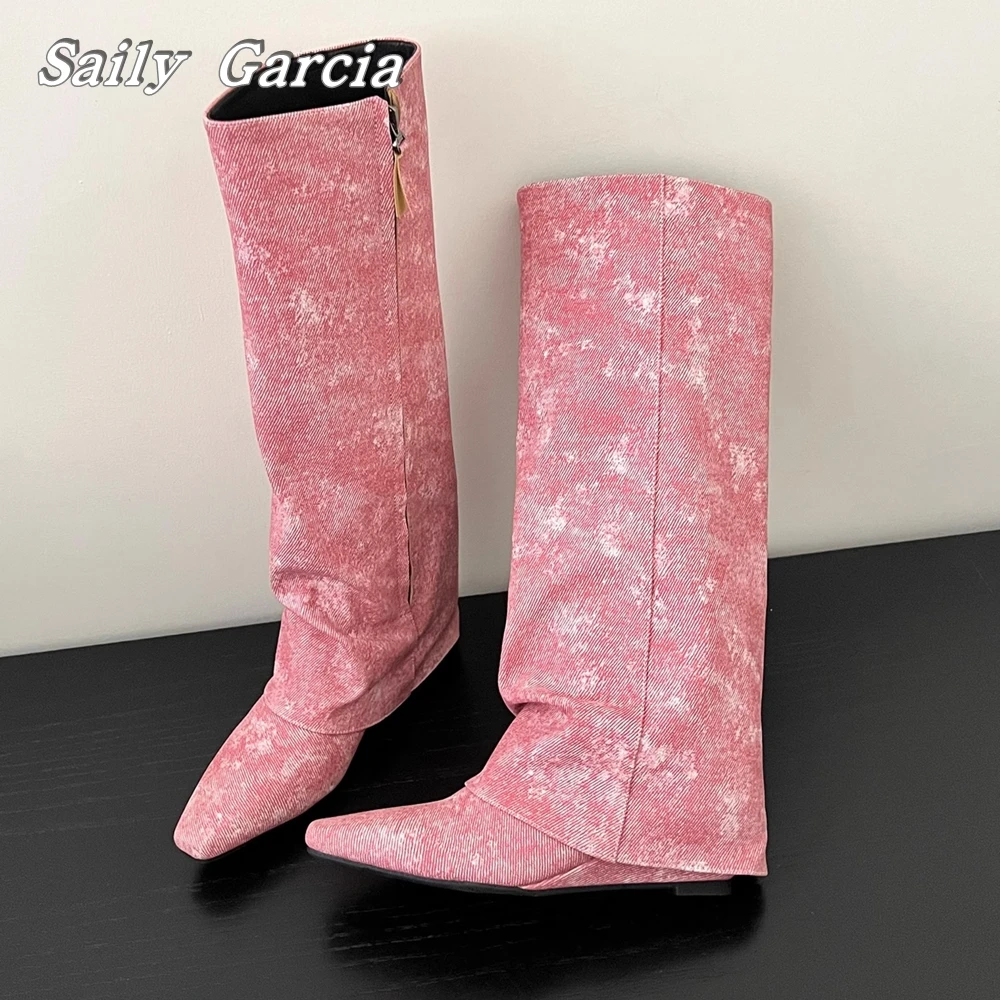 

Square Toe Knee High Wedge Trouser Boots 2023 Spring/Autumn New Catwalk Style Boots Pink Slip On Motorcycle Boots