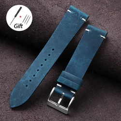 Premium Leather Watch Band in Various Sizes - Cowhide Oil Wax Strap for Smartwatches, Unisex Design (Blue)