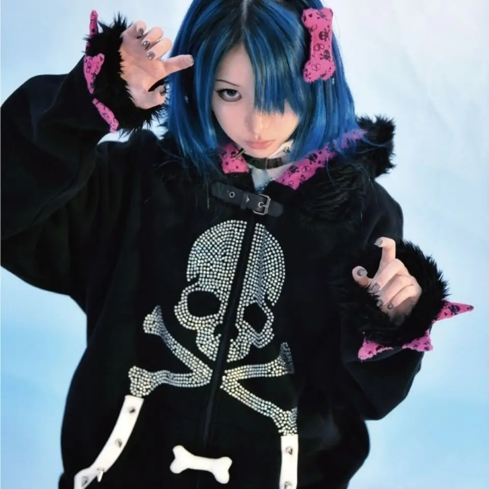 

Skull Print Sweater Sweet Cool Loose Plush Thick Jacket Coat Hooded Harajuku Punk Aesthetic Women Top Winter Clothes Women