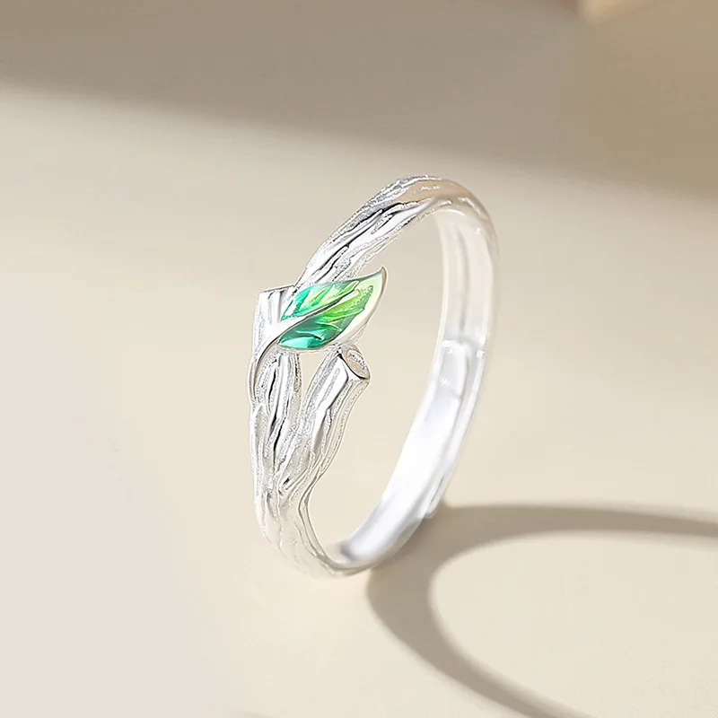 Sweet Simple Green Leaves Young Couple Ring For Women Lover Silver Color Open Resizable Rings Romantic Wedding Jewelry couple rings