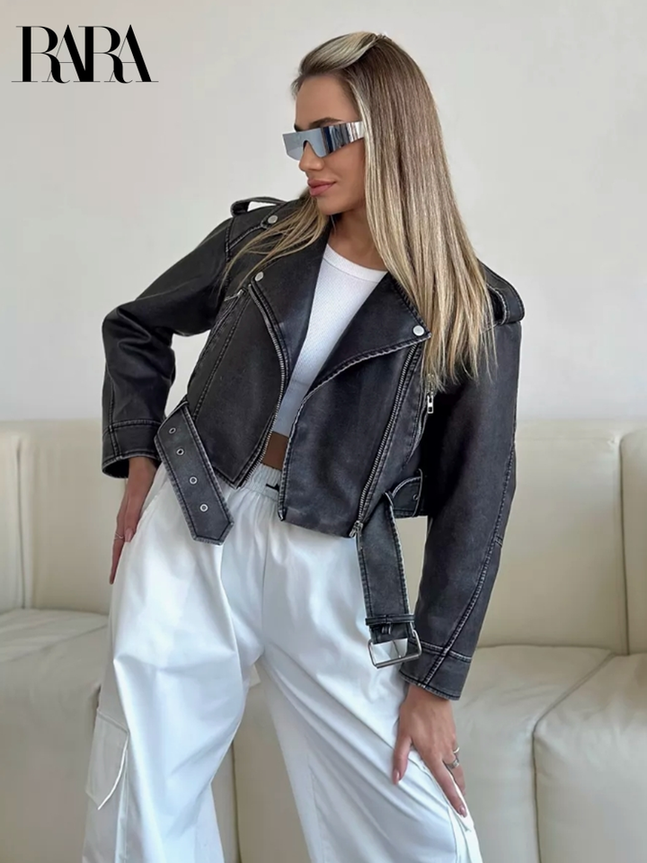 RARA2025 old American retro motorcycle leather jacket spring new fashionable niche loose PU short coat for women