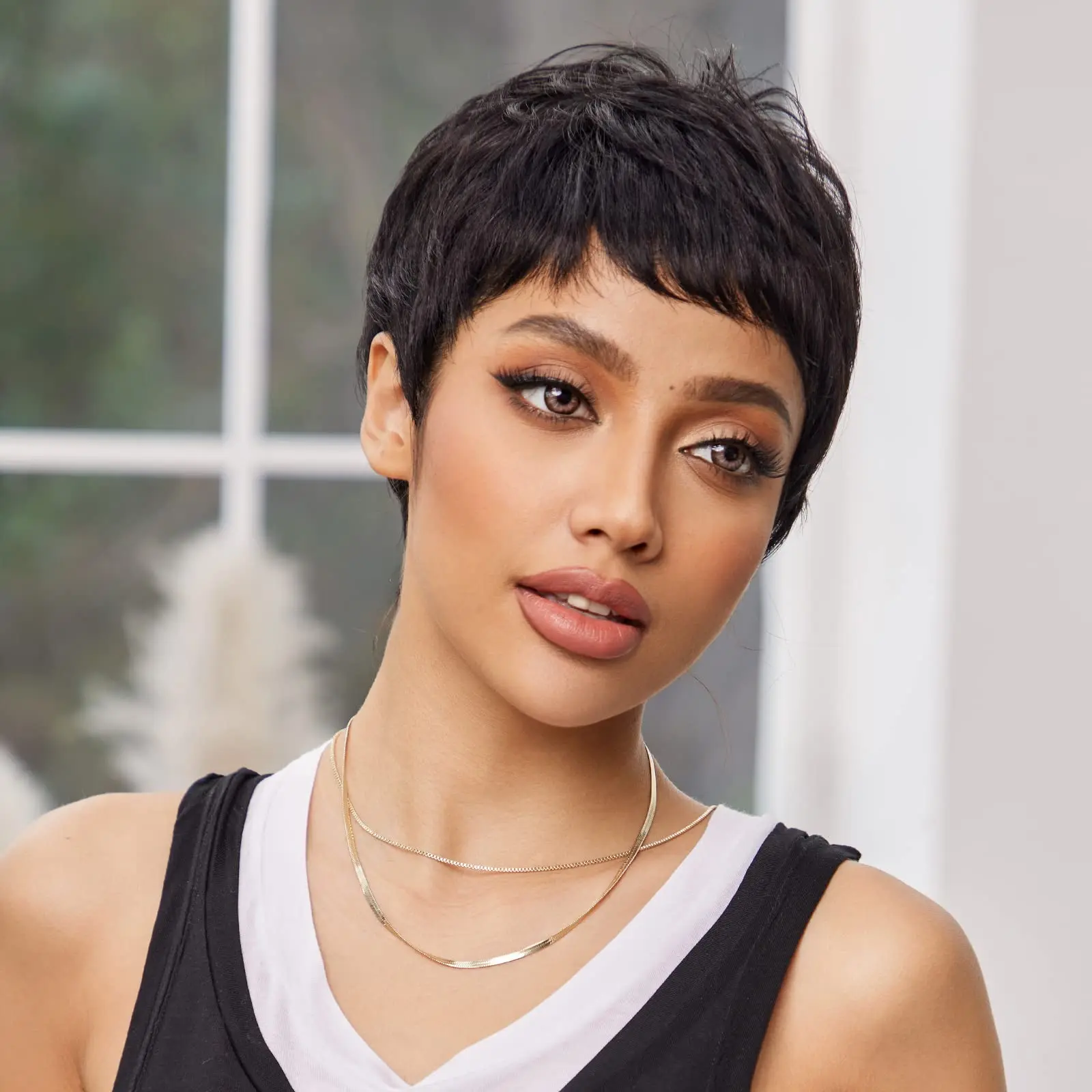 HAIRCUBE Short Pixie Cut Dark Real Human Hair Wigs for Women Black Natural Straight Layered Wig with Bangs 100% Remy Human Hairs