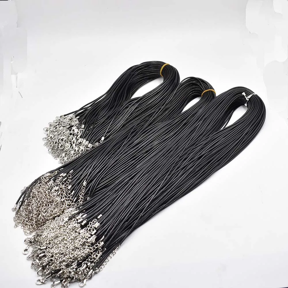 Modische 1,5mm 2mm 45cm 60cm 70cm schwarze gemischte Wachsleder-Kordel Halskette Seil Kette Karabinerverschluss DIY Schmuckzubehör 100 Stück/Lot