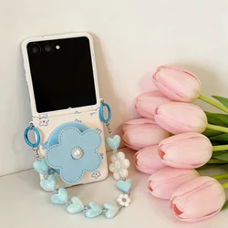 Chic Floral Leather Phone Case with 3 - in - 1 Rope Strap & Magnetic Holder - Galaxy Z Flip6 (3in1 - Blue)