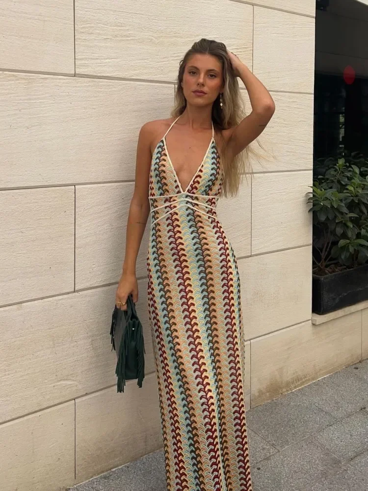 Sexy Printed Colorful Deep V-neck Crochet Maxi Dress Women Chic Sleeveless Backless Sling Slim Vestido 2025 Lady Vacation Robes 3