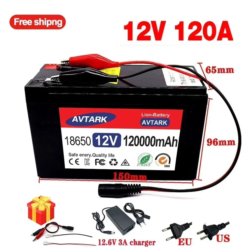 

12V 120Ah 18650 lithium battery for Solar Panels 30A built-in high current BMS electric vehicle battery +12.6V charger
