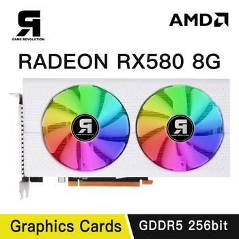 게임 레볼루션 RX 580, 데스크 컴퓨터 게임용 그래픽 카드용, 화이트 RGB AMD GPU, 8GB GDDR5 256 비트