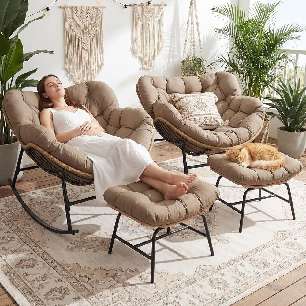 Oversized Double Rocking Egg Chair Set with Cushions, Outdoor-Friendly Wicker Relaxation Chairs, Heavy-Duty 450 lbs Cap