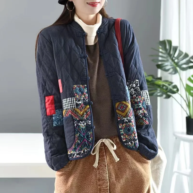 여성용 긴팔 빈티지 짧은 코트, 패치워크 코튼 M-5XL 리넨 싱글 브레스트, 두꺼운 재킷, 예술 스타일, 더운 가을, 겨울