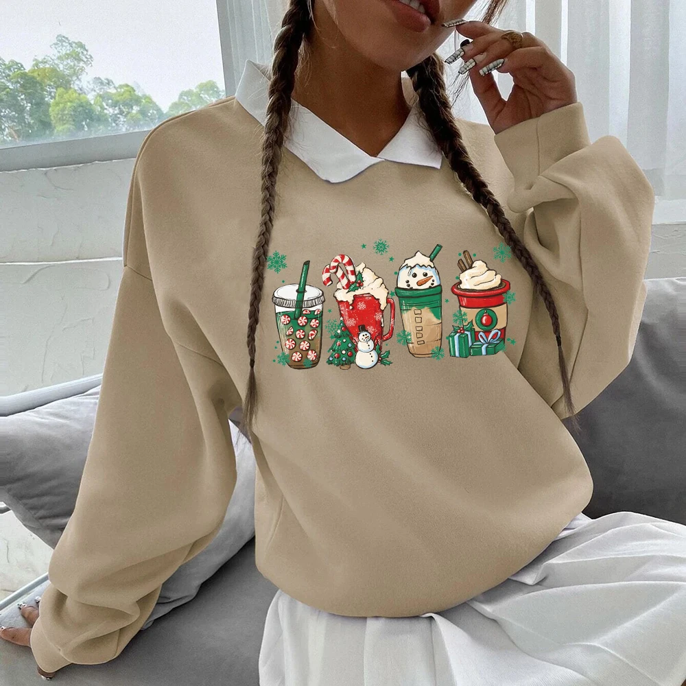 

Women Merry Christmas Snowman Drinks Printed Hoodie Kawaii Long Sleeve Polo Neck Sweatshirts