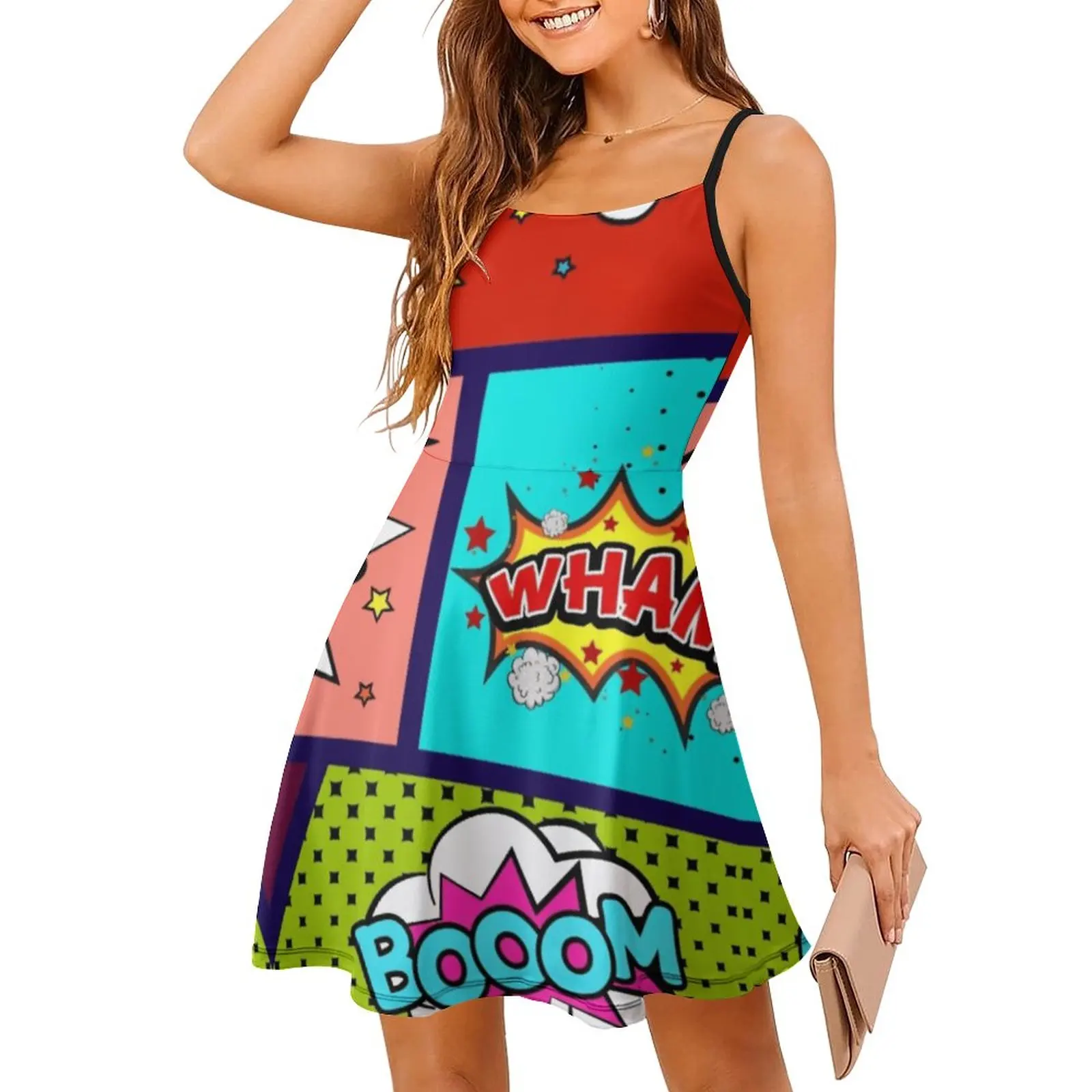 

Panels Crazy Colorful And Bright Comic Book Panels Arts-1 Novelty Sexy Woman's Gown Women's Sling Dress Nerd Cocktails Strappy