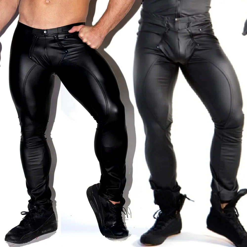 PU Leather Side Stripe Legging Skinny Open Pouch Pants Trousers Nightclub Party Tight Pants For Men men trousers leather pants skinny pants