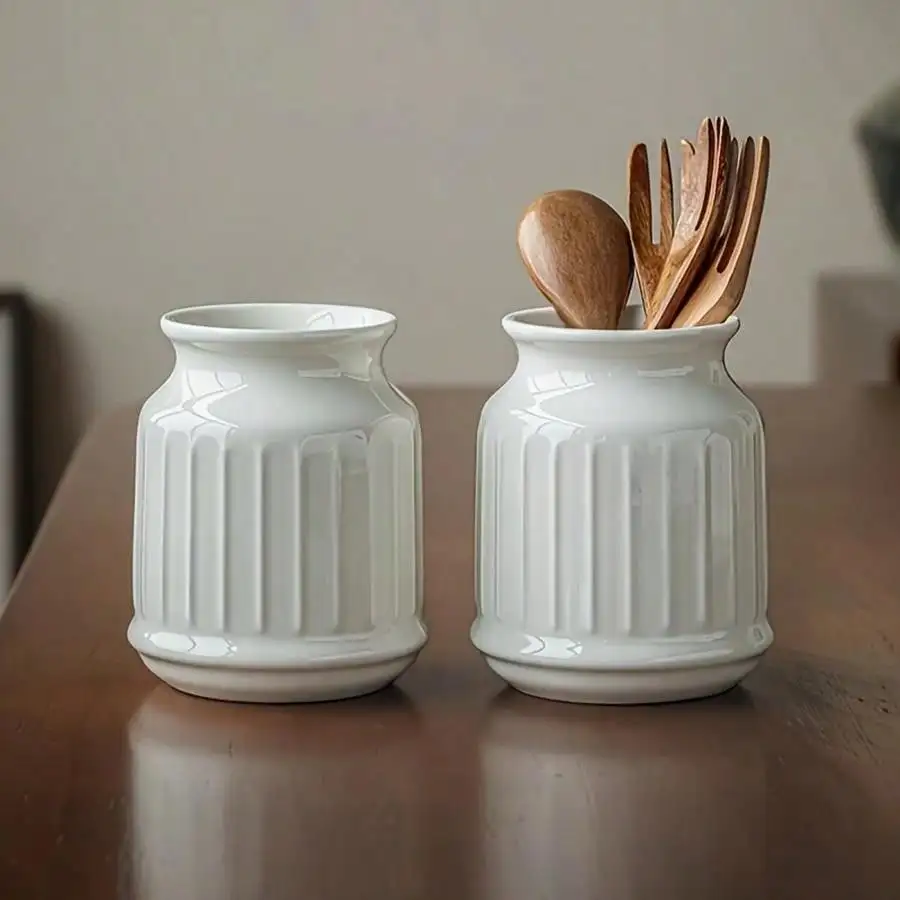 1pc Japanese Style 575ml (2.9*5.0inch) Ceramic Chopstick Holder, Embossed Design - Elegant Tabletop Cutlery Storage Container, S