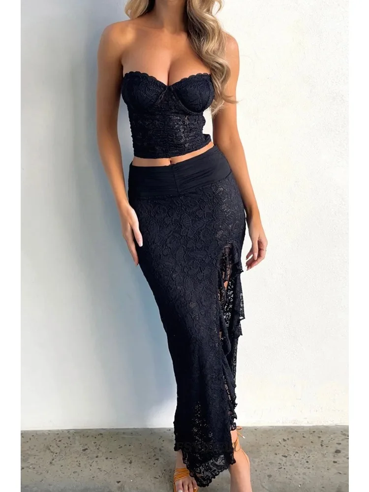 Conjunto de dos piezas de malla blanca con volantes, falda larga, top corto sexy sin espalda y falda larga con abertura lateral para mujer, conjuntos de verano.