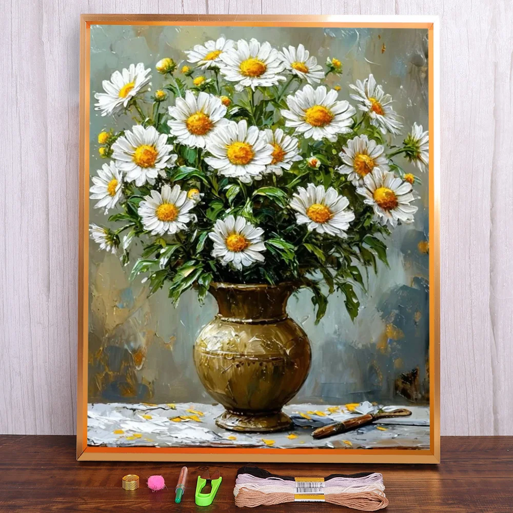 Blume weiße Chrysantheme gedruckt Leinwand Kreuzstich Stickerei Kit Nähen Malerei handgemachte Hobby Schmuck verschiedene Nadel