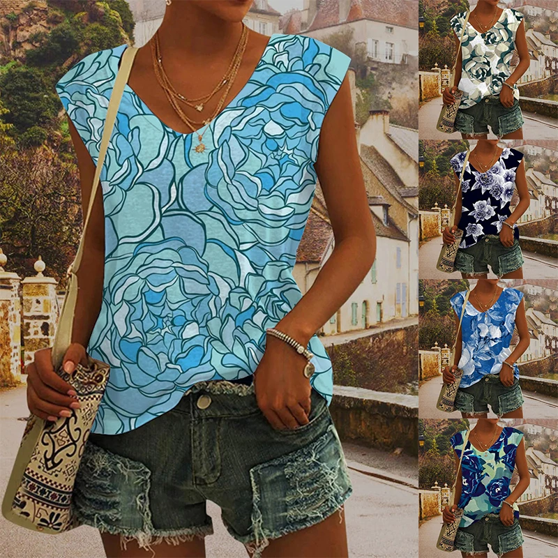 

2024 Fashion New Women's V-neck Vest Print Beautiful Rose Pattern Oversized Women's Top Y2k Style Vest Summer Casual Breathable