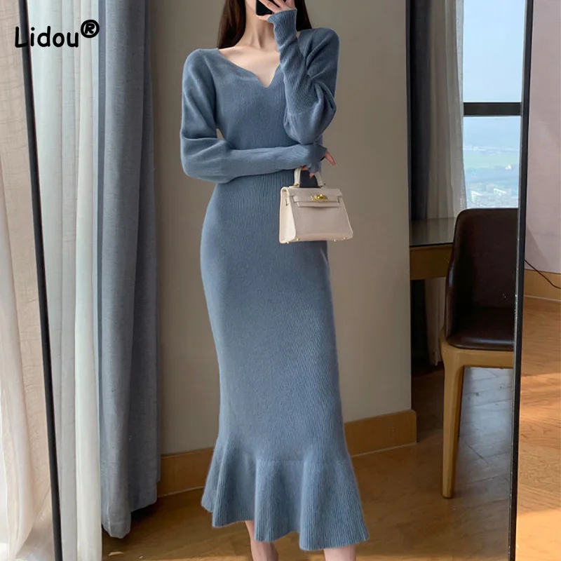 Elegant Knitted Pleated Dress Blue Winter Dress Long Sleeve Autumn