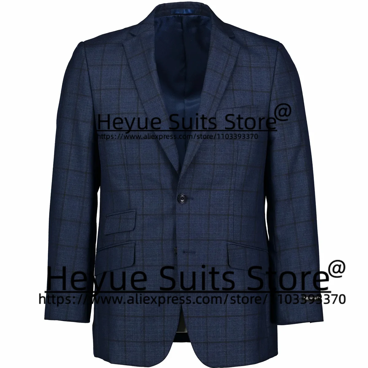 Business Navy Blue Plaid Wedding Suits For Men Slim Fit Notched Lapel Groom Tuxedos 2Pieces Sets Office Work Male Blazer Costume