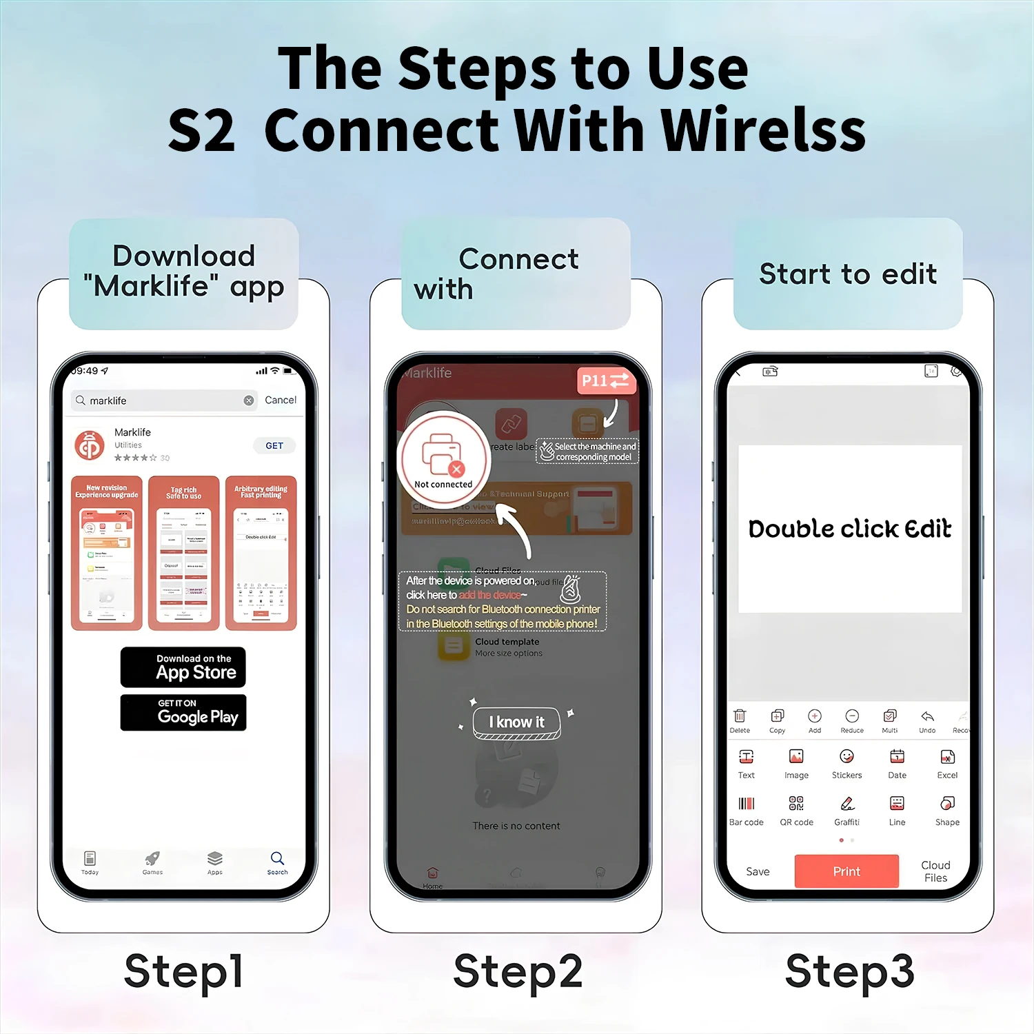 Marklife S2 휴대용 열전사 프린터(테이프 포함) 2인치 접착 라벨 프린터 미니 블루투스 스티커 메이커 지원 스마트폰 PC