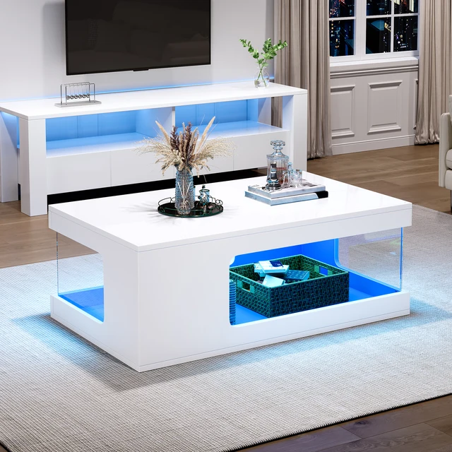 Table basse LED 50x100x35 cm pour salon, salle de séjour ou bureau ; table de canapé haute brillance avec étagères en verre en blanc/noir 1