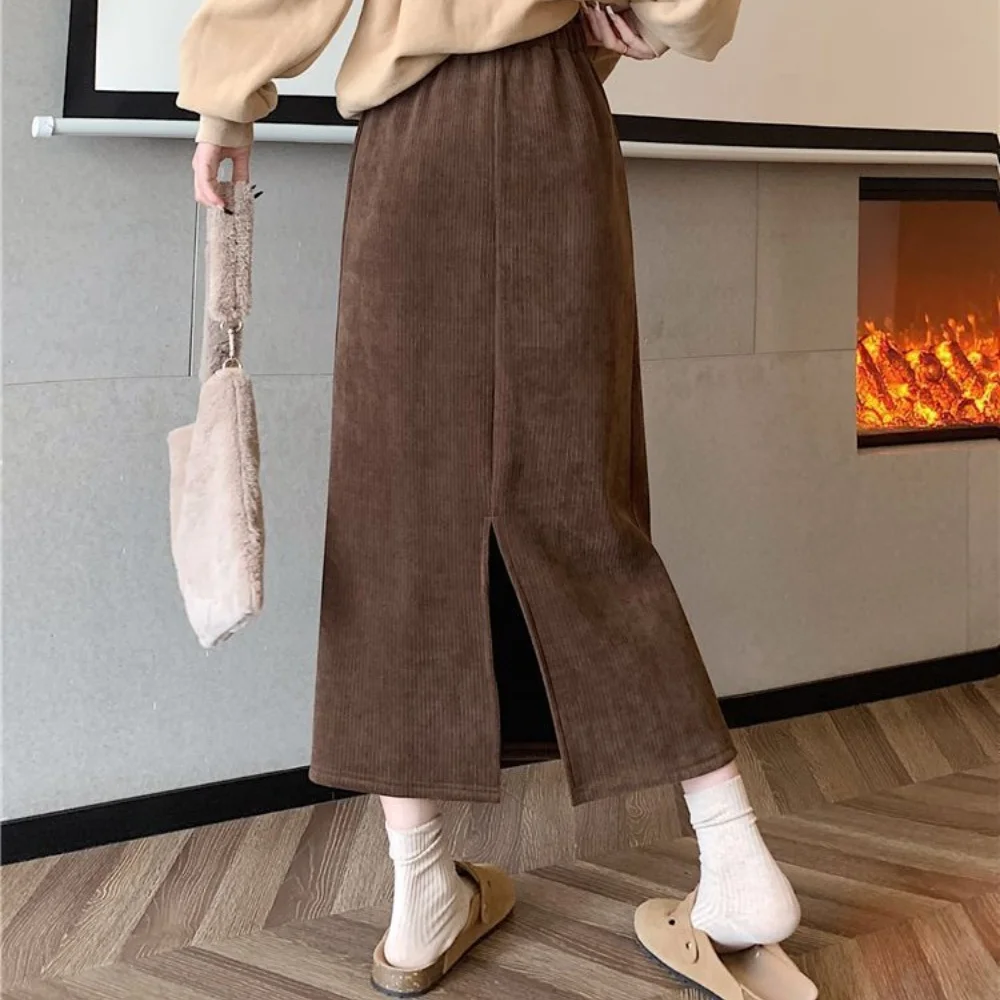 Vintage Elegant Office Lady's A-Line Skirt Back Slit Elastic Waist Thick Women's Skirt New In Winter Fleece Warm Female's Skirt 2