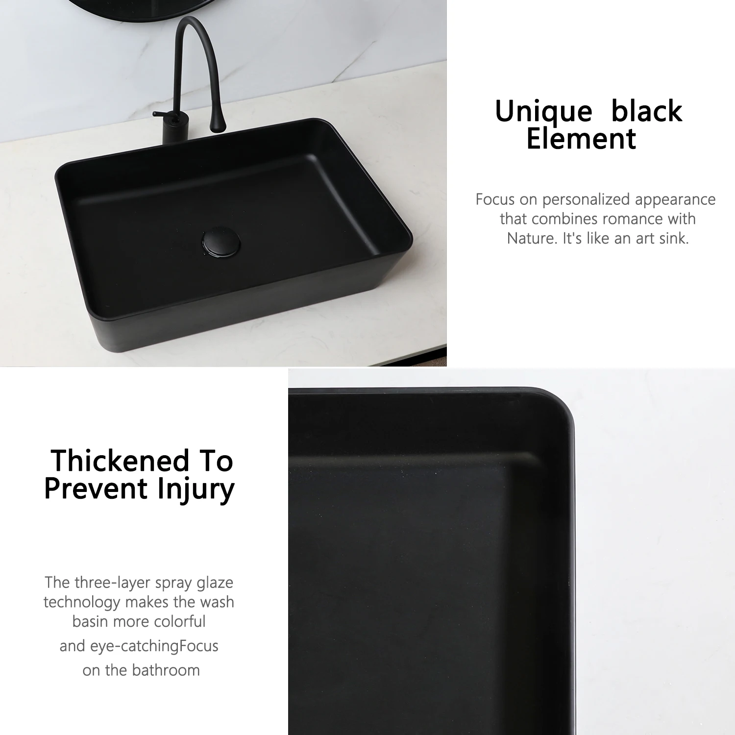 KEMAIDI Bathroom Sink Faucet Set Rectangle 24"x16" Big Black Vessel Sinks for Bathroom Hotel Vanity Sink Above Counter Basin 4