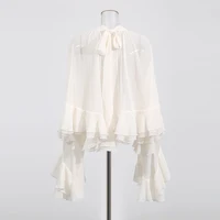TWOTWINSTYLE – chemisiers transparents et amples pour femmes, col haut, manches longues, Patchwork, volants, plis, chemisier élégant, vêtements féminins 5