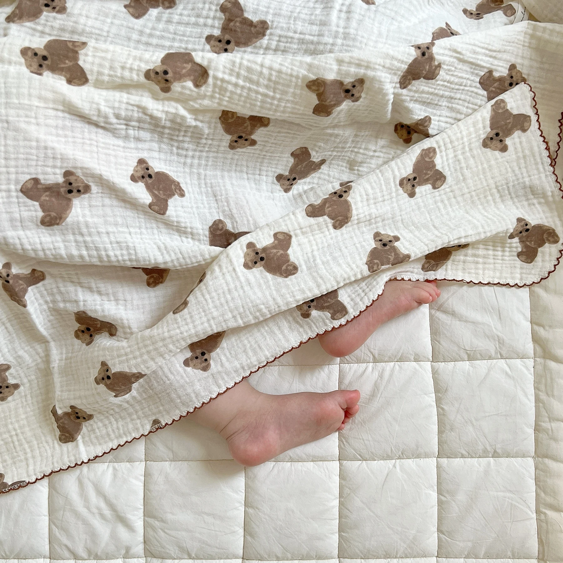 Baby Swaddle Blanket Bear Cherry Floral Print Cotton Muslin Blankets for Boys Girls Newborn Wrap for Baby Bath Towel 110x150cm 3