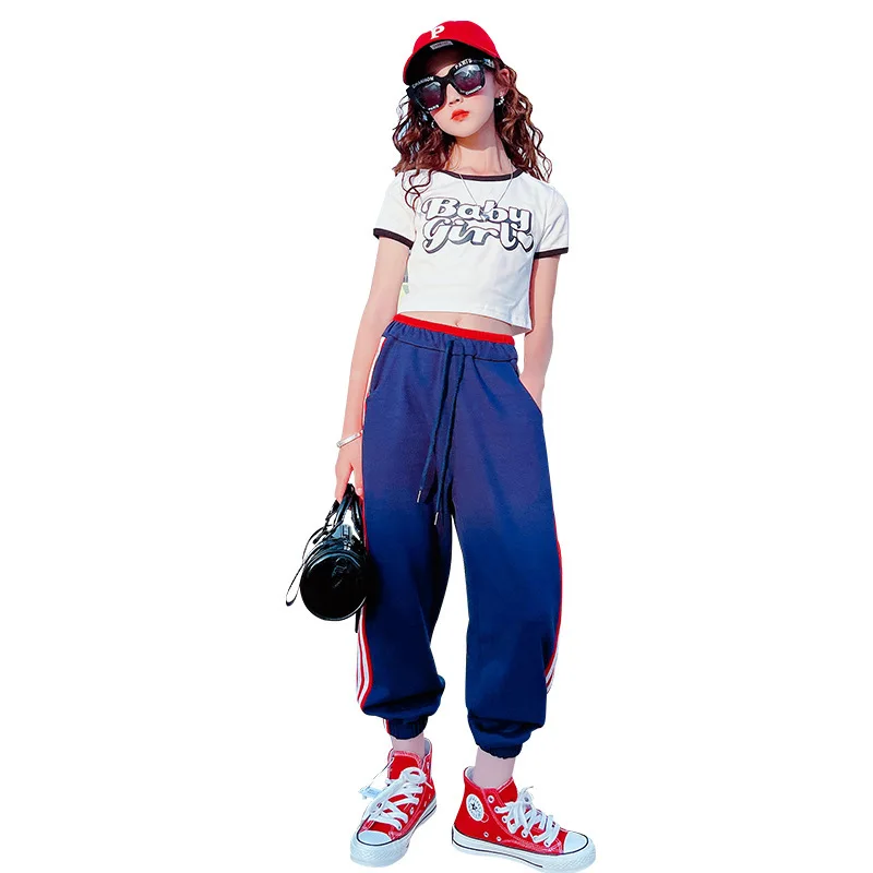 

Children's Clothing Girls Summer Sportswear Casual Letter Print Crop Top + Side Striped Sweatpant 2pcs Streetwear Outfits 4-14 Y